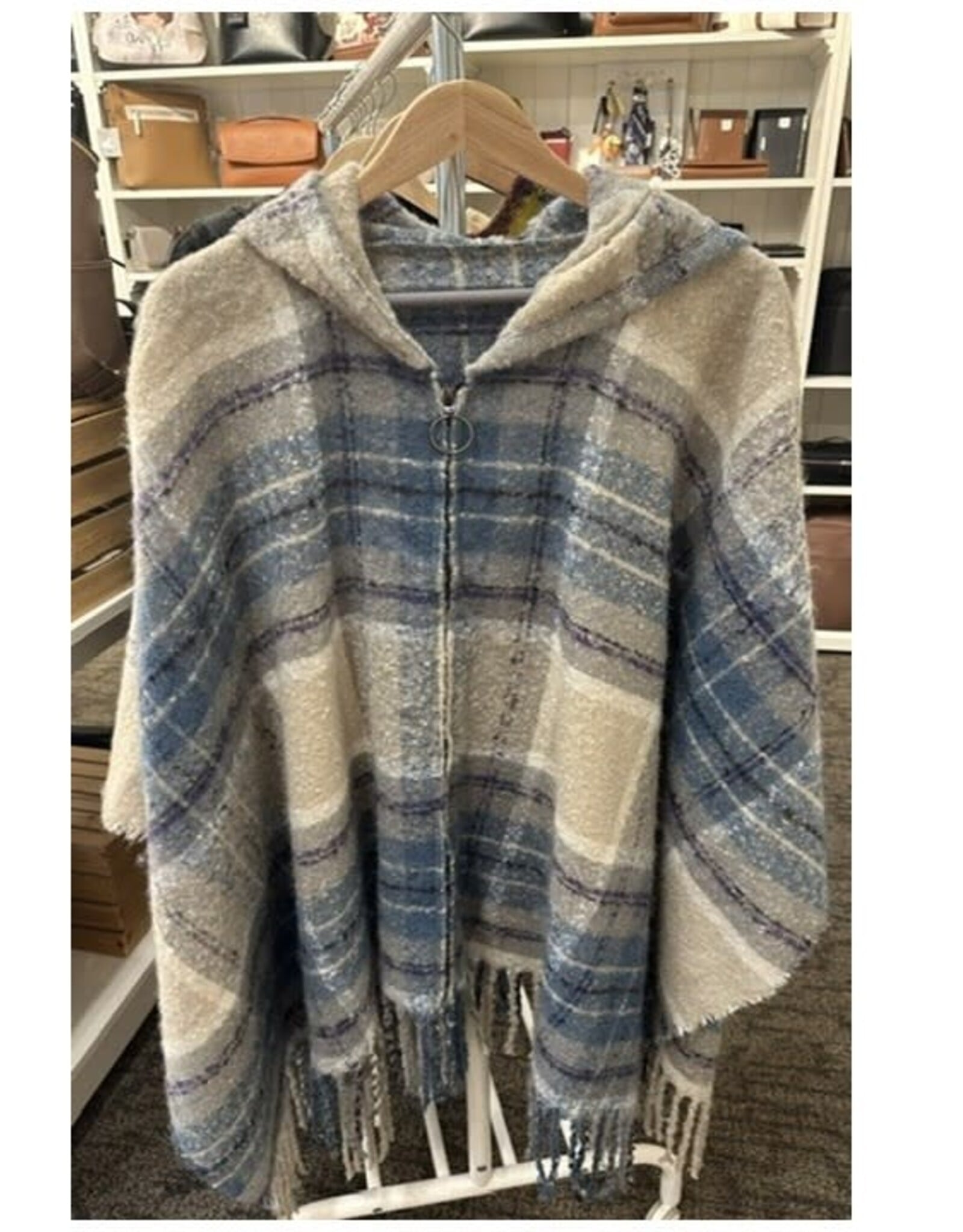 Fraas Poncho zip bouclé plaid - Bleu