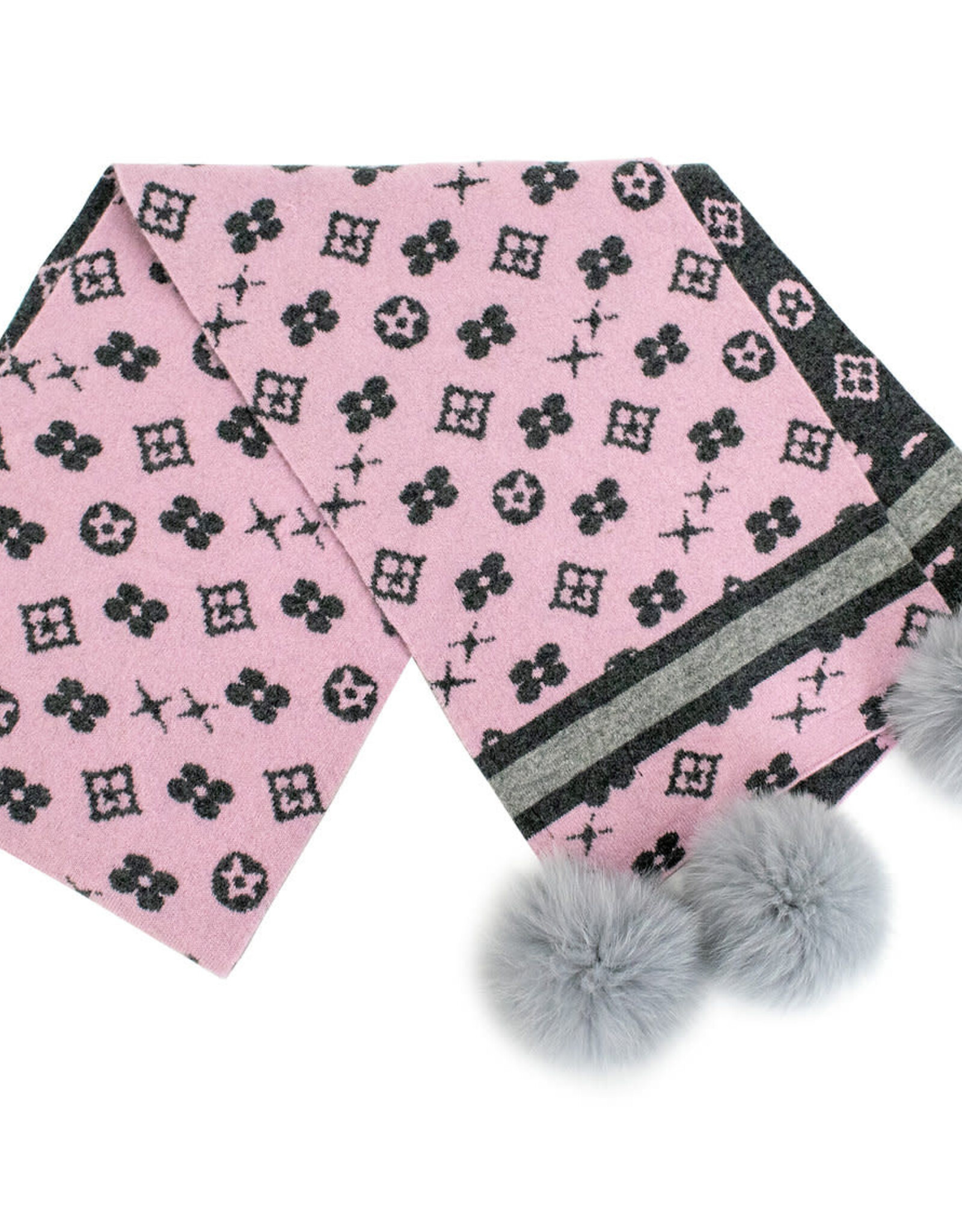 Foulard + pompon  Motif - Rose & Gris