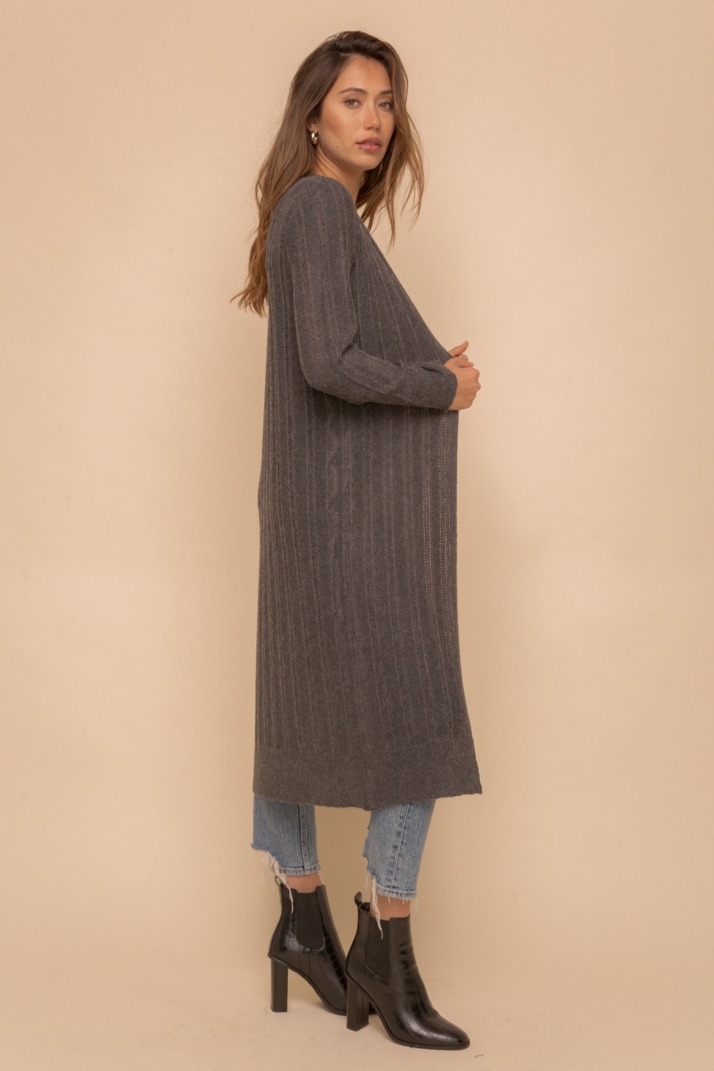 hem and thread long open cardigan