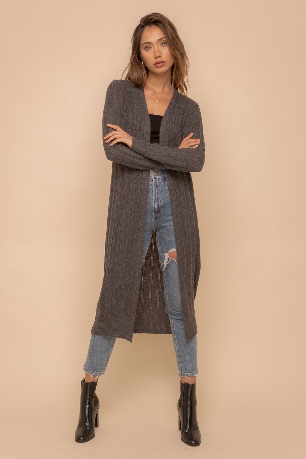 hem and thread long open cardigan