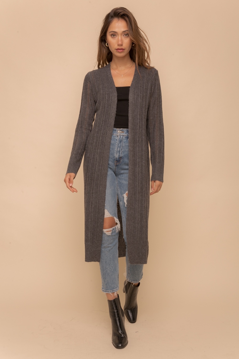 hem and thread long open cardigan