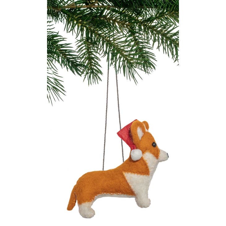Silk Road Bazaar Corgi with Santa Hat Ornament