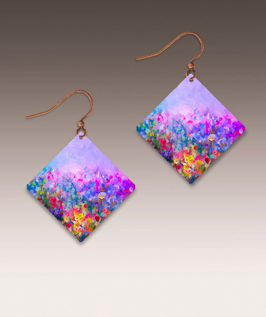 Illustrated Light Diamond Shaped - Purple Field of Flowers Earrings