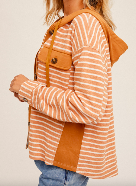 Hem & Thread Stripe Mixed Button Down Hooded Jacket