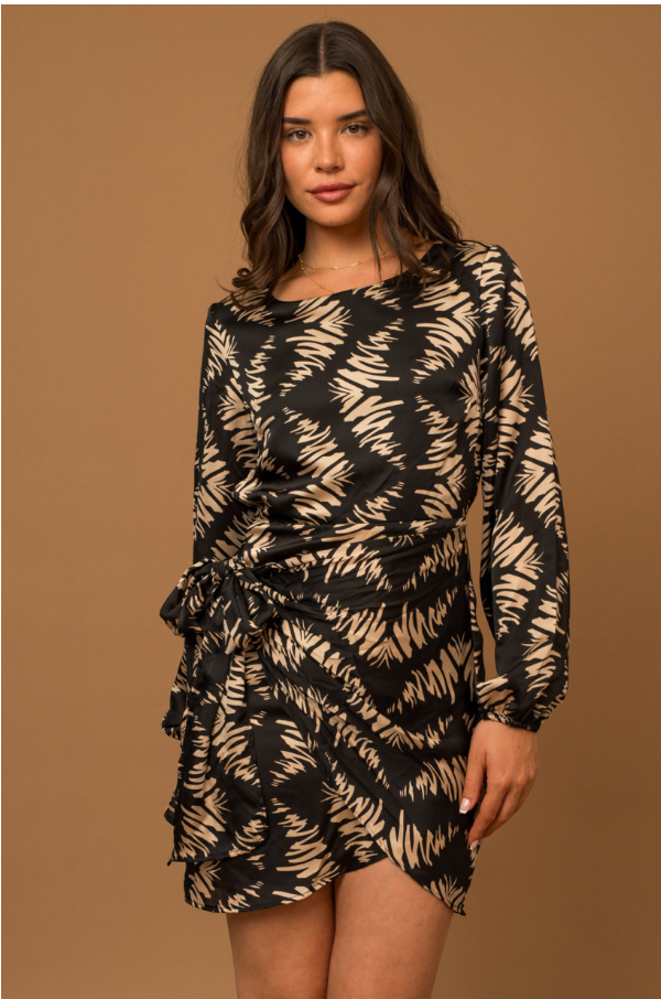 GILLI Satin Wrap Tie Abstarct Print Dress