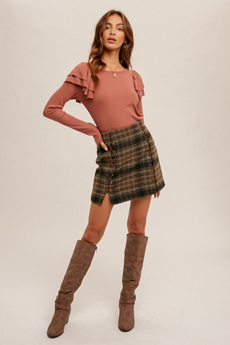 Hem & Thread Plaid Mini Skirt W/ Lacing Detail