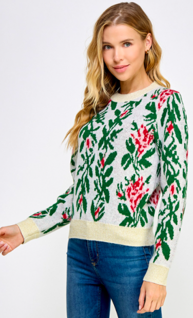 See And Be Seen Sweater w/ Roses and Glitter Hem