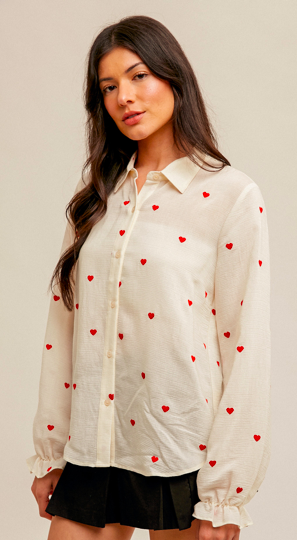 Hem & Thread Heart Embroidered Bubble Sleeve Button Down Shirt