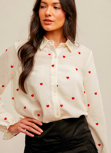 Hem & Thread Heart Embroidered Bubble Sleeve Button Down Shirt