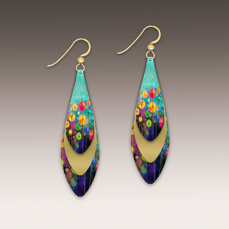 Illustrated Light Floral Triple Layered w/ Gold Wire Earrings