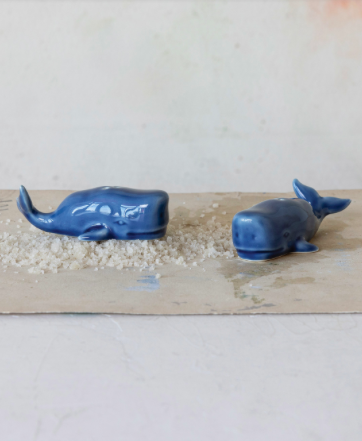 Creative Co-op Ceramic Whale Salt & Pepper Shakers Set