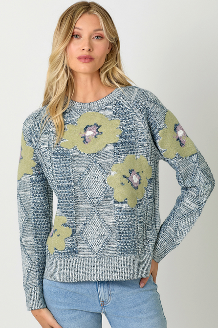 Mystree Cable Knit Sweater w/ Large Flowers