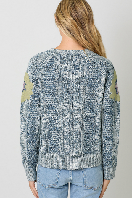 Mystree Cable Knit Sweater w/ Large Flowers