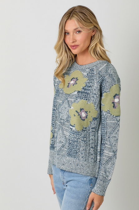 Mystree Cable Knit Sweater w/ Large Flowers