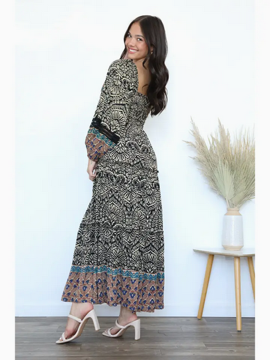 ANGIE Long Sleeve Patterned Smocked Bodice Maxi Dress