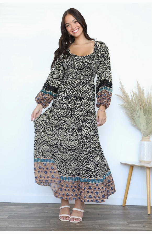 ANGIE Long Sleeve Patterned Smocked Bodice Maxi Dress