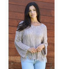 ANGIE V-Neck Fringe Border Pullover Sweater