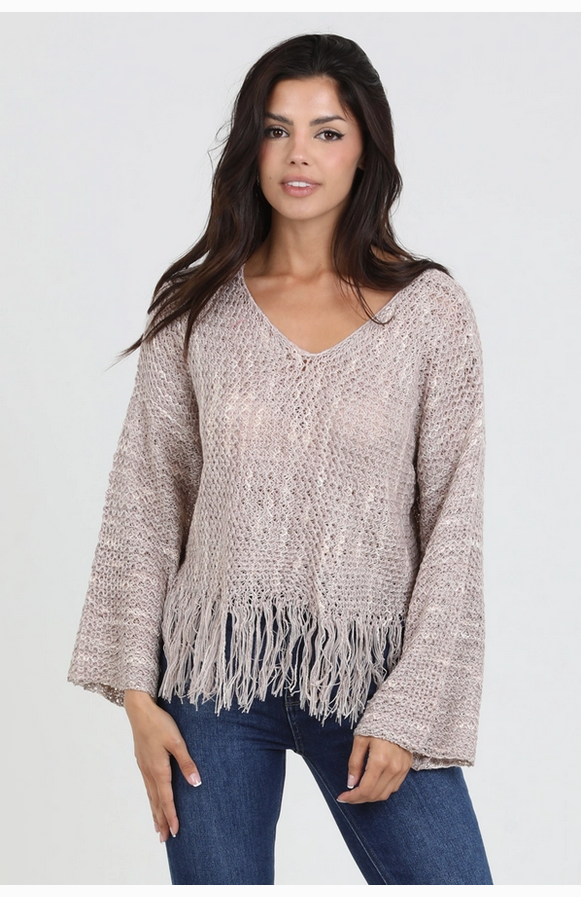 ANGIE V-Neck Fringe Border Pullover Sweater