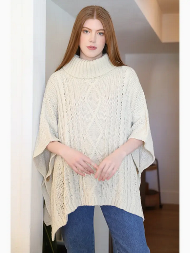 ANGIE Cowl Neck Cable Knit Poncho