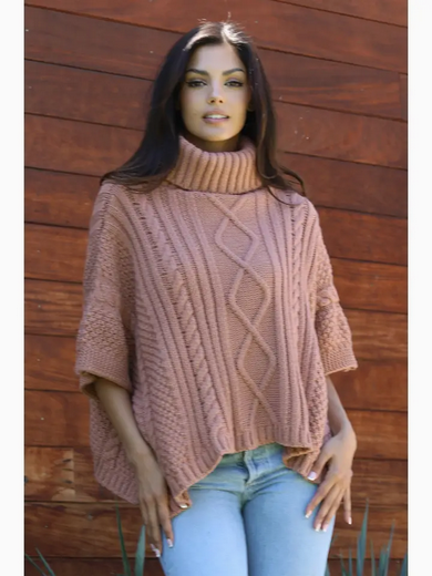 ANGIE Cowl Neck Cable Knit Poncho