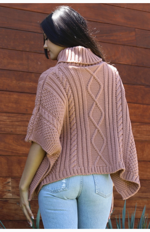 ANGIE Cowl Neck Cable Knit Poncho