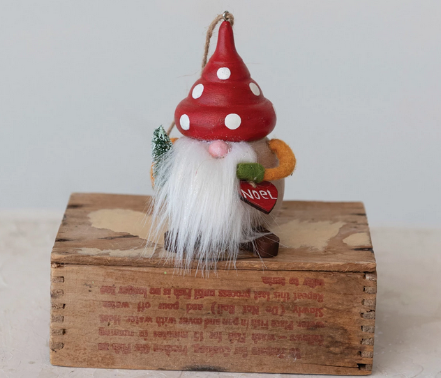 Creative Co-op Wool Gnome W/ Mushroom Hat Ornament