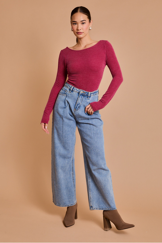 GILLI Long Sleeve Scoop Neck Ribbed Bodysuit