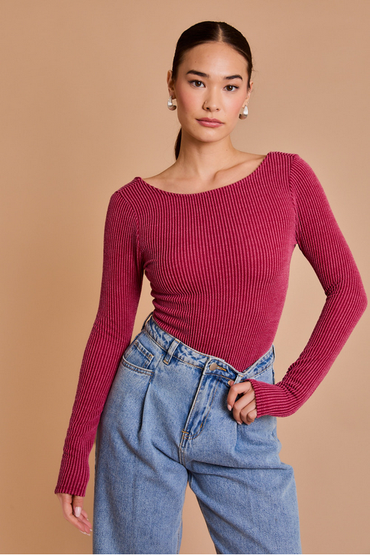GILLI Long Sleeve Scoop Neck Ribbed Bodysuit