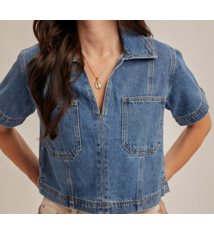 Hem & Thread BOXY COLLARED DENIM CROP TOP