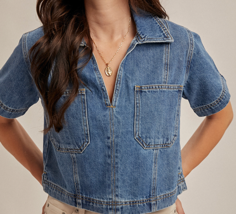 Hem & Thread BOXY COLLARED DENIM CROP TOP