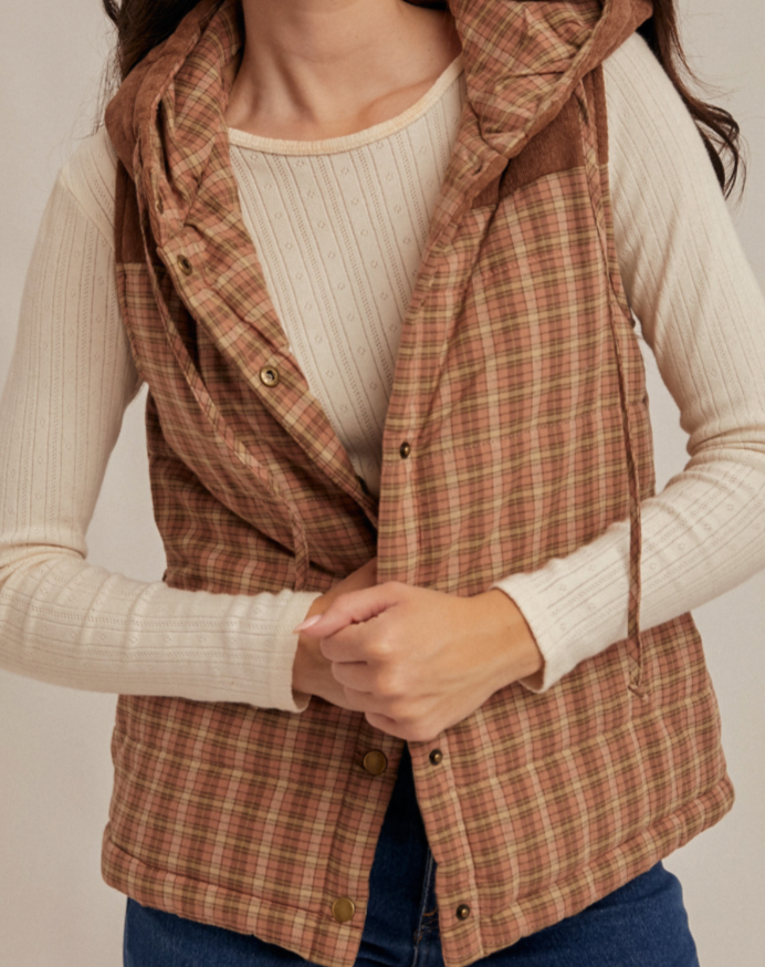 Hem & Thread CORDUROY MIXED PLAID PUFFER VEST