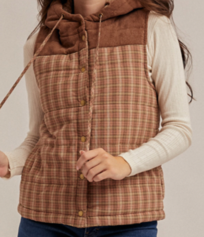 Hem & Thread CORDUROY MIXED PLAID PUFFER VEST