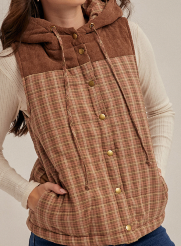 Hem & Thread CORDUROY MIXED PLAID PUFFER VEST