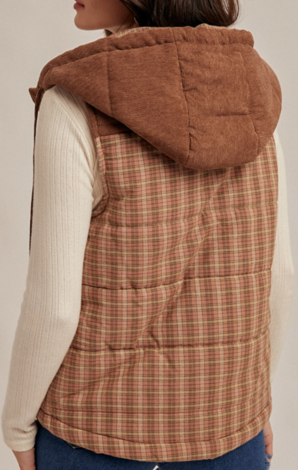 Hem & Thread CORDUROY MIXED PLAID PUFFER VEST