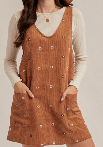 Hem & Thread FLORAL EMBROIDERED CORDUROY PINAFORE DRESS