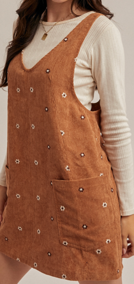 Hem & Thread FLORAL EMBROIDERED CORDUROY PINAFORE DRESS