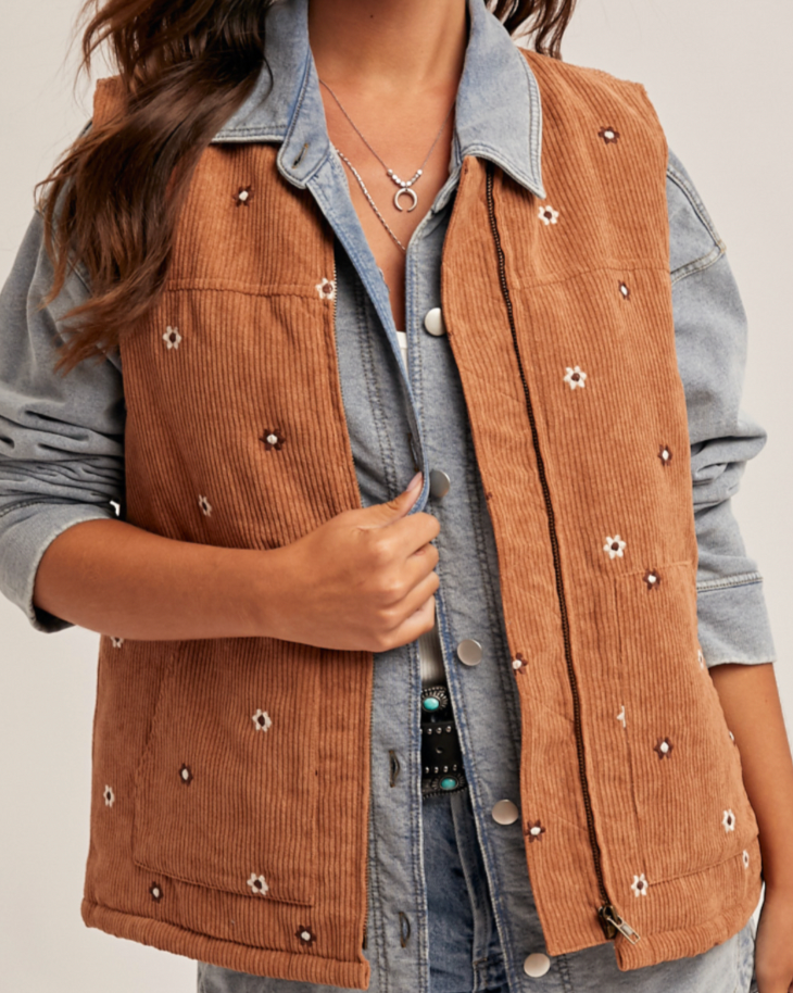 Hem & Thread FLORAL EMBROIDERED CORDUROY ZIP VEST