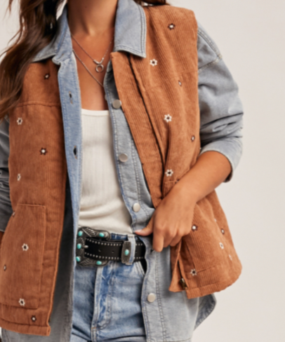 Hem & Thread FLORAL EMBROIDERED CORDUROY ZIP VEST