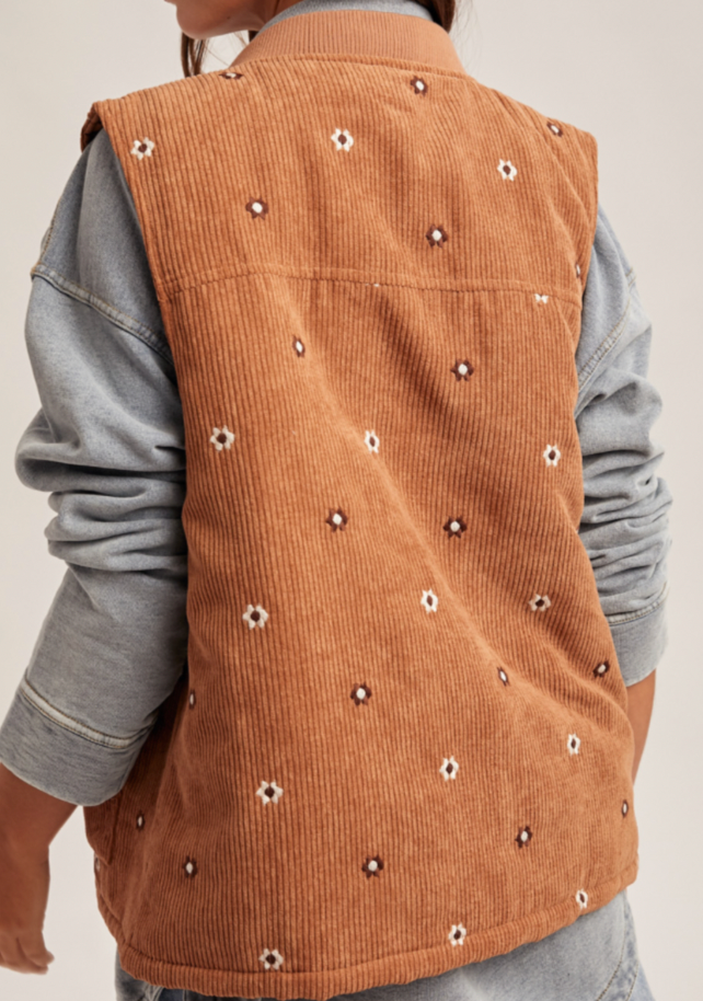 Hem & Thread FLORAL EMBROIDERED CORDUROY ZIP VEST