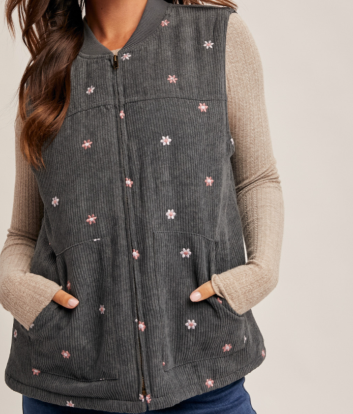 Hem & Thread FLORAL EMBROIDERED CORDUROY ZIP VEST