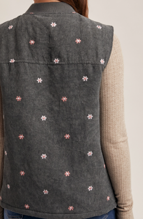 Hem & Thread FLORAL EMBROIDERED CORDUROY ZIP VEST