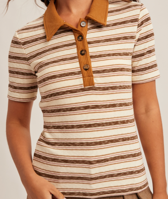 Hem & Thread RIB CONTRAST STRIPE POLO TOP