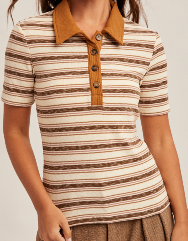 Hem & Thread RIB CONTRAST STRIPE POLO TOP