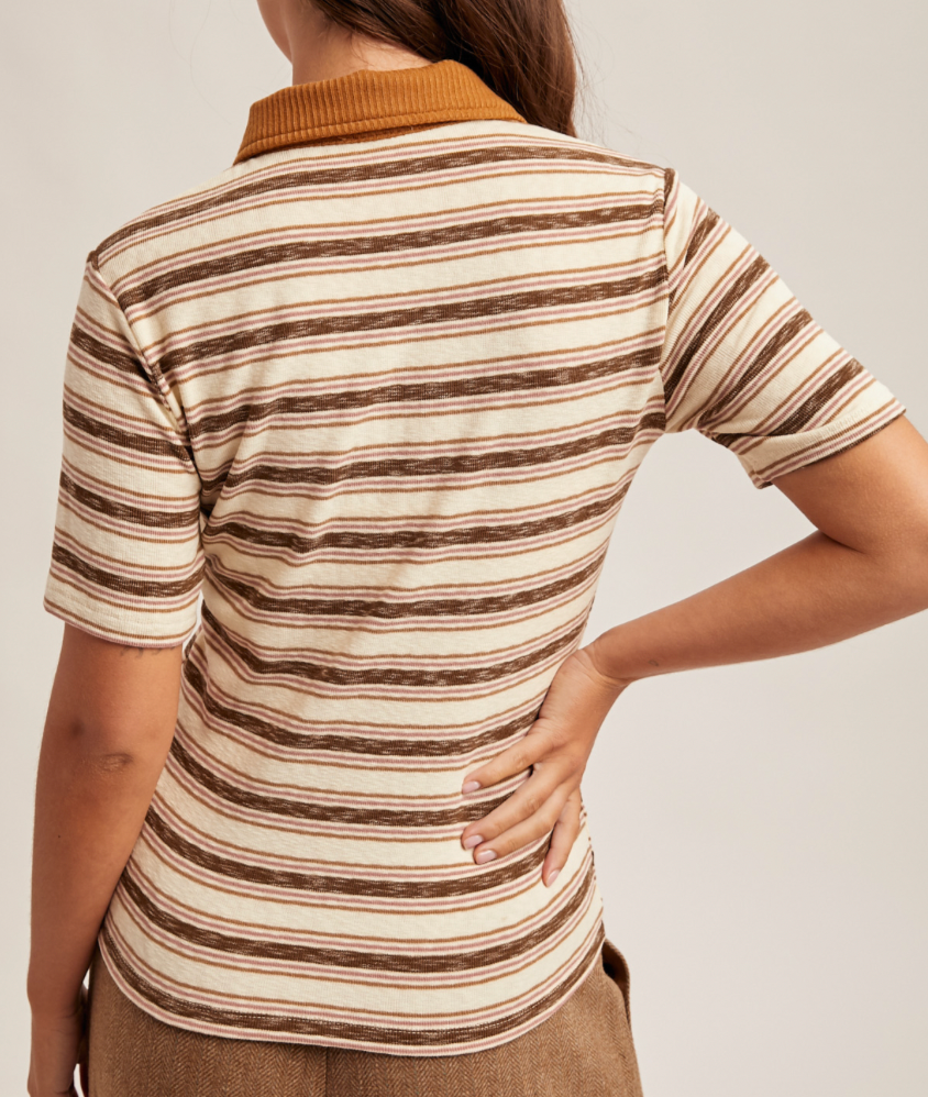 Hem & Thread RIB CONTRAST STRIPE POLO TOP