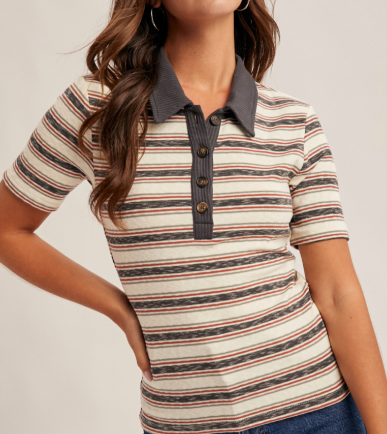 Hem & Thread RIB CONTRAST STRIPE POLO TOP
