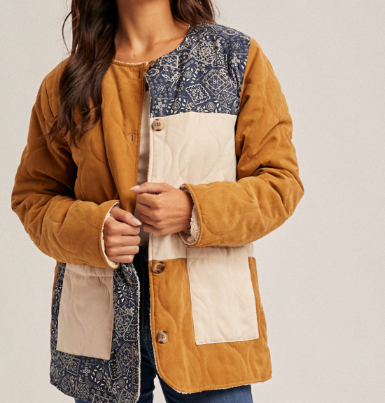 Hem & Thread BANDANA PRINT CONTRAST COLOR BLOCK FLEECE LINED JACKET