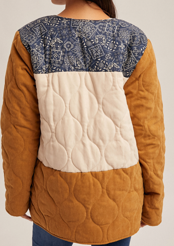 Hem & Thread BANDANA PRINT CONTRAST COLOR BLOCK FLEECE LINED JACKET