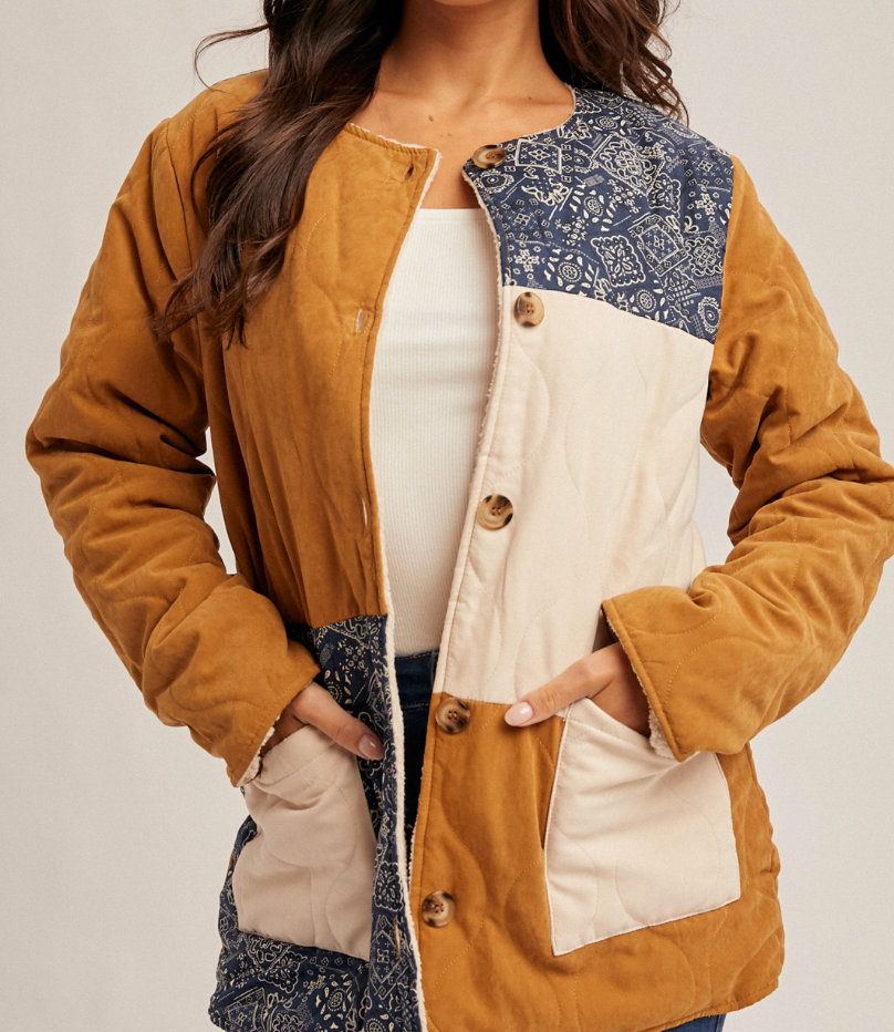 Hem & Thread BANDANA PRINT CONTRAST COLOR BLOCK FLEECE LINED JACKET