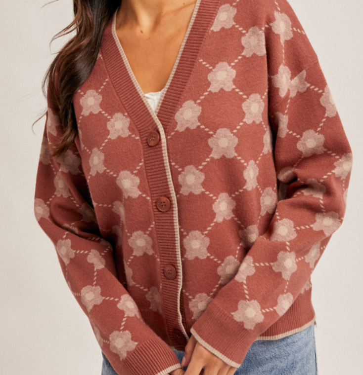 Hem & Thread FLOWER JACQUARD SWEATER CARDIGAN