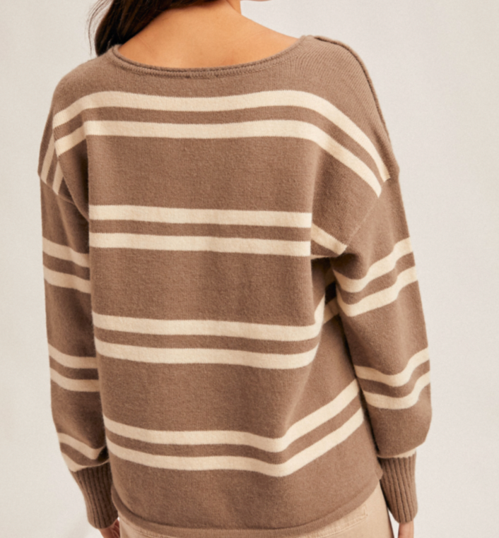 Hem & Thread NOTCH NECK STRIPED SWEATER